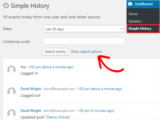 Simple History user activity log Simple History user activity log
