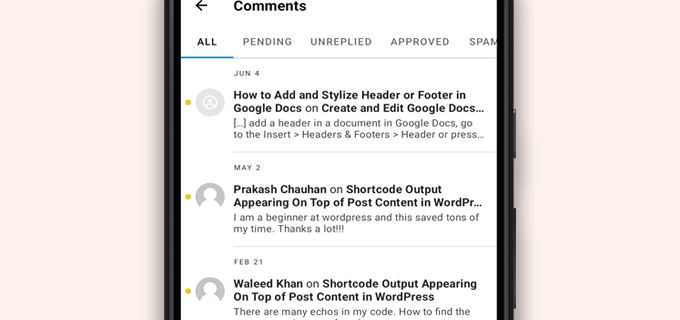 Comments list in WordPress app Comments list in WordPress app
