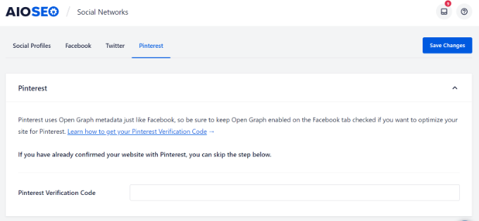 All in One SEO Pinterest OG settings Claim your Pinterest account
