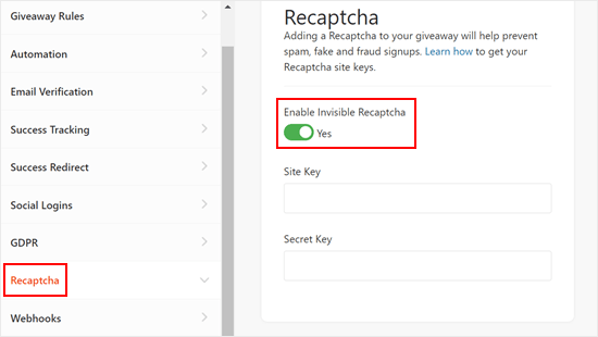 Adding an invisible recaptcha to your WordPress competition in RafflePress Adding an invisible recaptcha to your WordPress competition in RafflePress