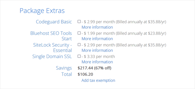 bluehost-package-extras uncheck bluehost package extras