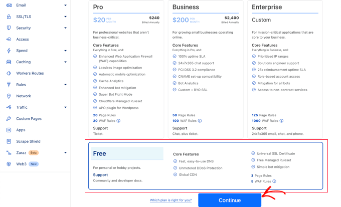 Select Cloudflare free plan Select Cloudflare free plan