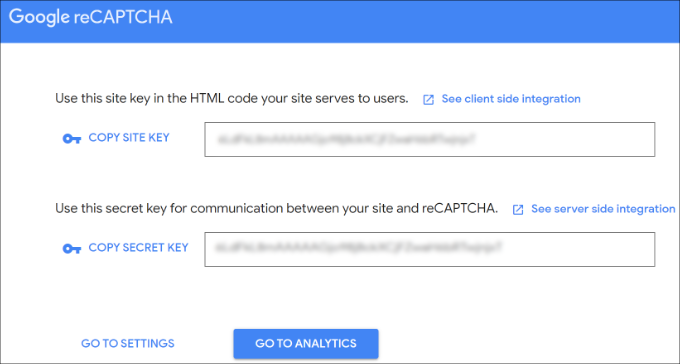 Google reCAPTCHA API Keys Copy site and secret key