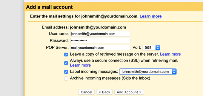 Gmail configuration popup Gmail configuration popup