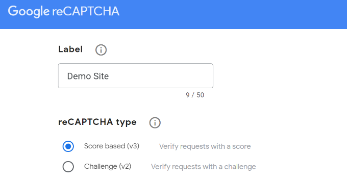 Register a New Site for Google reCAPTCHA Select v3 captcha version