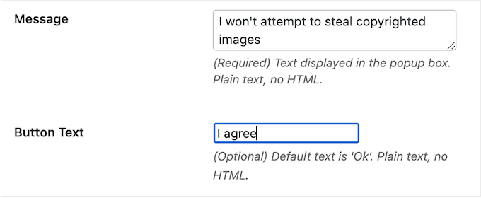 Adding a custom message to an image protection popup Adding a custom message to an image protection popup