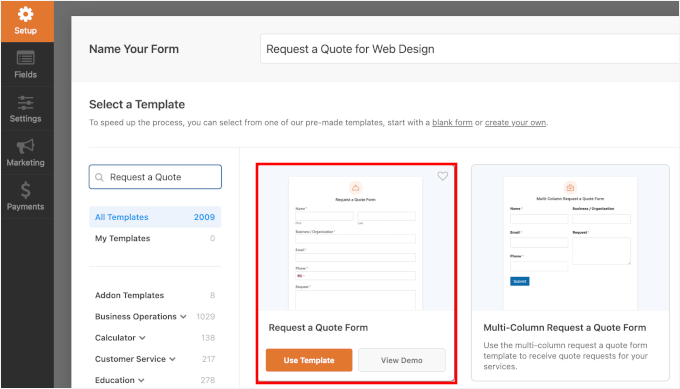 Naming your form and selecting the Request a Quote template in WPForms