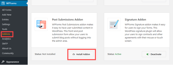 Installing the WPForms post submissions addon Installing the WPForms post submissions addon