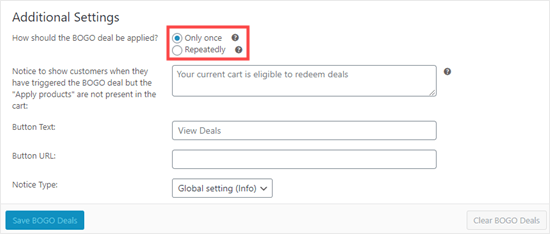 The BOGO deal's additional settings The BOGO deal's additional settings
