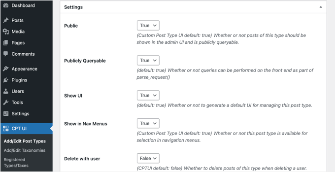 Scroll Down to the Post Type Settings Section
