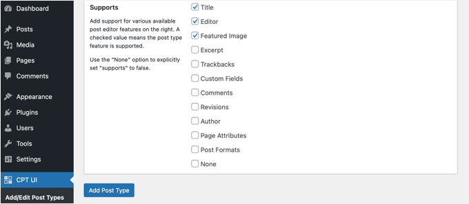 Check the Supports Options You Want to Include