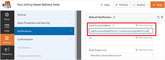 Add the email address where the form submission notification should be sent Add the email address where the form submission notification should be sent