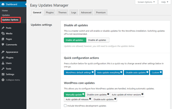 Configuring the settings for the Easy Updates Manager plugin Configuring the settings for the Easy Updates Manager plugin