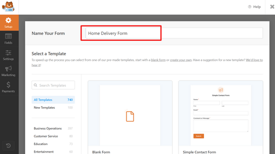 Select the 'Billing / Order Form' template to get started Enter a name for your online order form
