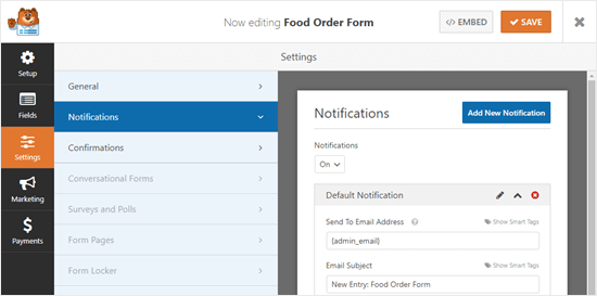 Viewing the notifications for your online food order form Viewing the notifications for your online food order form