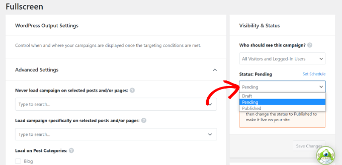 Viewing your OptinMonster campaigns in your WordPress dashboard Change the status of welcome mat campaign