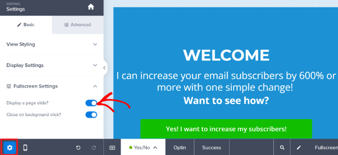 Editing the fullscreen settings Display a page slide