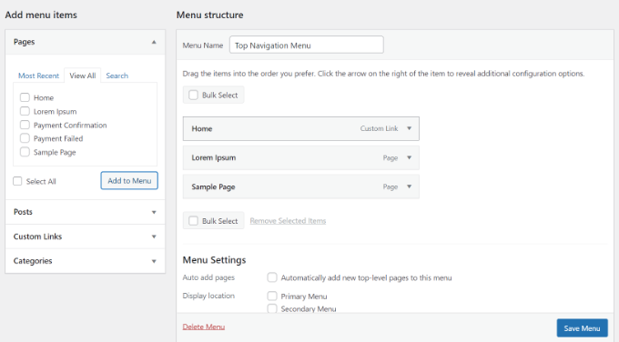 Drag and drop pages in the menu Drag and drop pages in the menu
