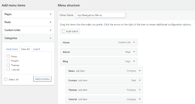 Putting the categories under the 'Blog' menu item Drag the categories under the main menu