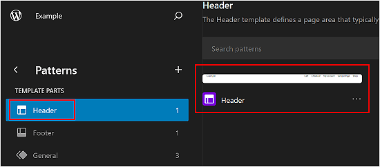Selecting the Header pattern on the WordPress Block Editor Selecting the Header pattern on the WordPress Block Editor
