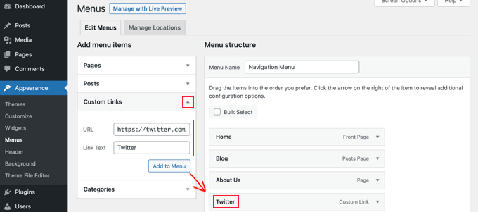 addlinkmenuscustom Adding a Custom Link to Your Navigation Menu