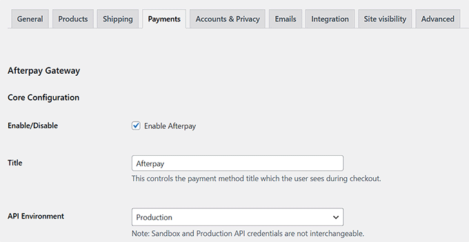 Enable AfterPay