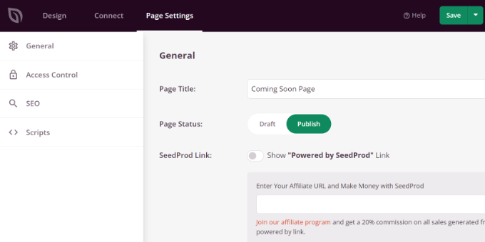 Save your coming soon page then click the 'Back to Settings' link Publish your page