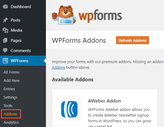 The WPForms addons page in your WordPress admin The WPForms addons page in your WordPress admin
