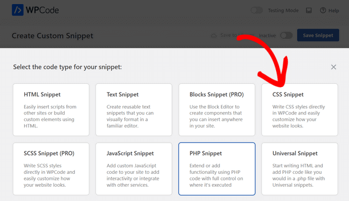 Select CSS Snippet as the code type Select CSS Snippet as the code type
