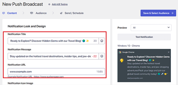 Type the title, message, and URL for the push notification Type the title, message, and URL for the push notification