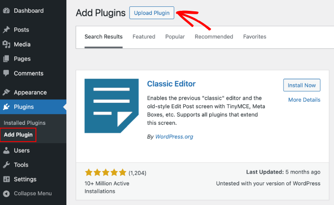 WP dashboard upload plugin option