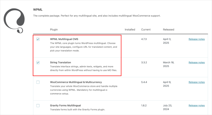 WPML plugin list