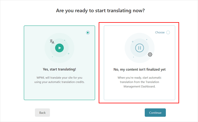 WP Charitable Choosing whether to start translating with the WPML plugin