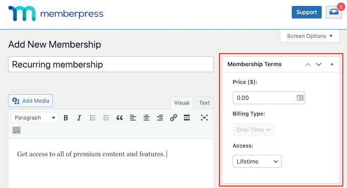 Editing the MemberPress membership terms Editing the MemberPress membership terms