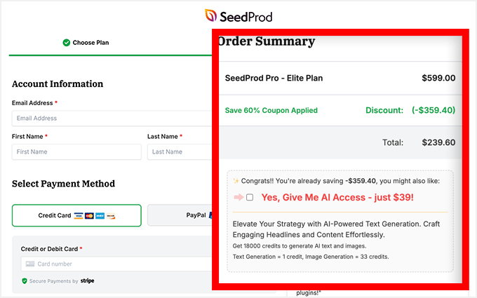 seedprodcheckout The checkout page, with confirmation that the 60% off coupon has been applied