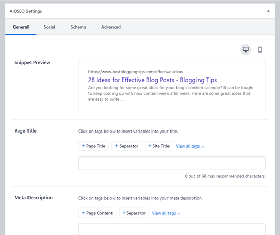 The automatically generated snippet in All in One SEO The automatically generated snippet in All in One SEO