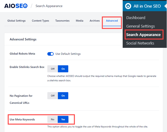 Turning on the meta keywords option in All in One SEO Turning on the meta keywords option in All in One SEO