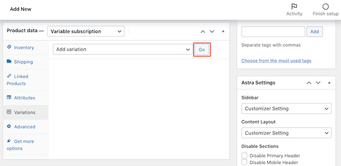 Adding variations in the WooCommerce settings Adding variations in the WooCommerce settings