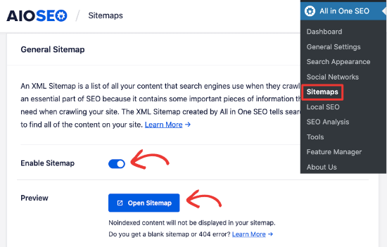 Enable sitemap in All in One SEO Enable sitemap in All in One SEO