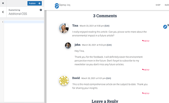 Viewing comments in Theme Customizer Viewing comments in Theme Customizer