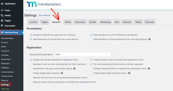 The MemberPress account settings The MemberPress account settings