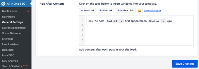 How to Setup Automatic WordPress Backup with CodeGuard AIOSEO default RSS footer