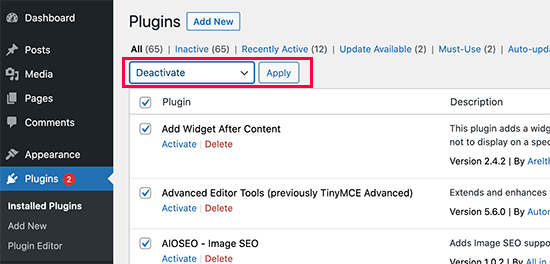 Deactivate all plugins Deactivate all plugins
