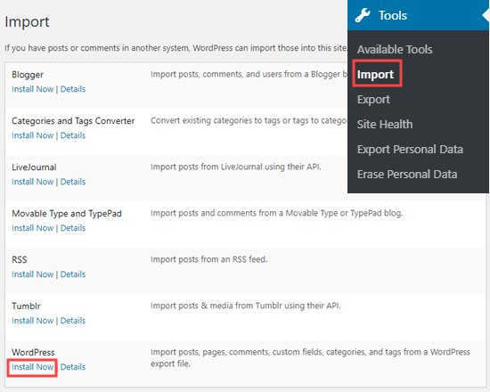 Installing the WordPress import tool Installing the WordPress import tool