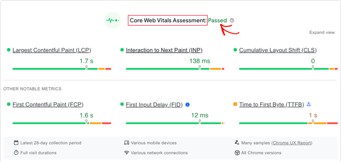 Core Web Vitals report example Core Web Vitals report example