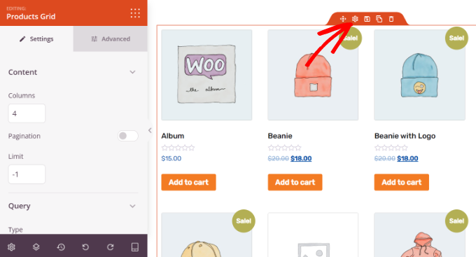 Edit products block settings Edit product grid settings