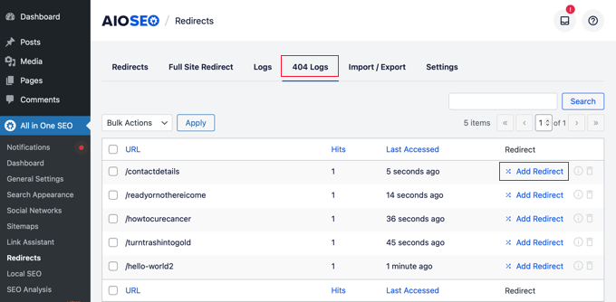 Click 404 logs menu option Click 404 logs menu option