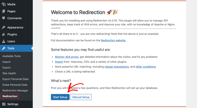 Start setup of Redirection plugin Start setup of Redirection plugin