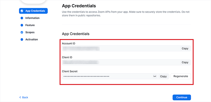 Copy the Zoom app credentials Copy the Zoom app credentials