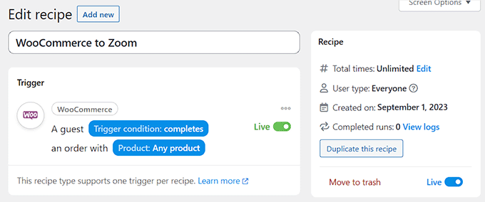Publish WooCommerce to Zoom recipe Save WooCommerce to Zoom recipe
